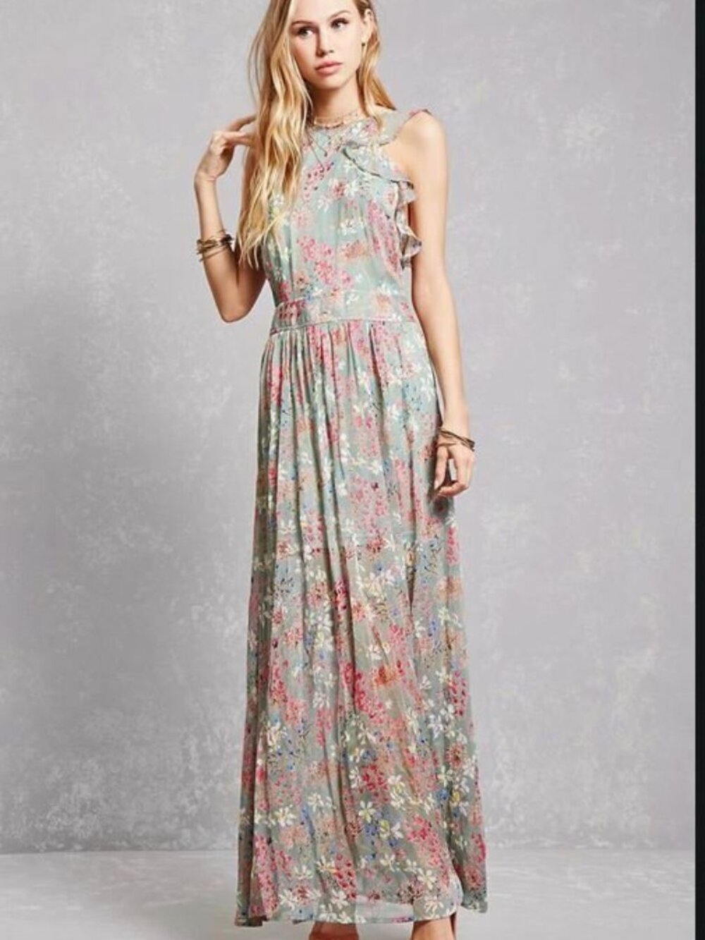 Forever 21 Sea Green Floral Ruffle chiffon Maxi Open Back Dress Small S
